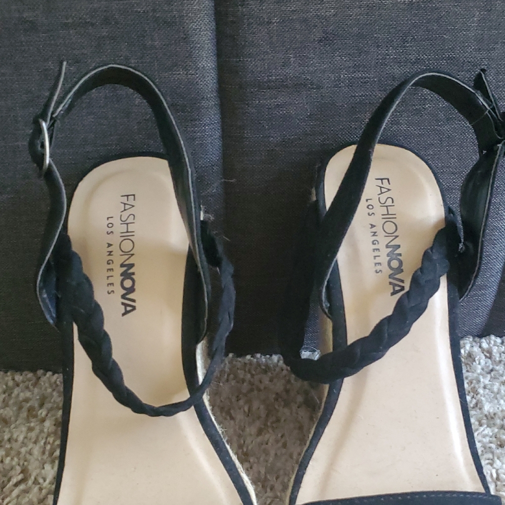 Fashion Nova Black Braided Strap Wedges